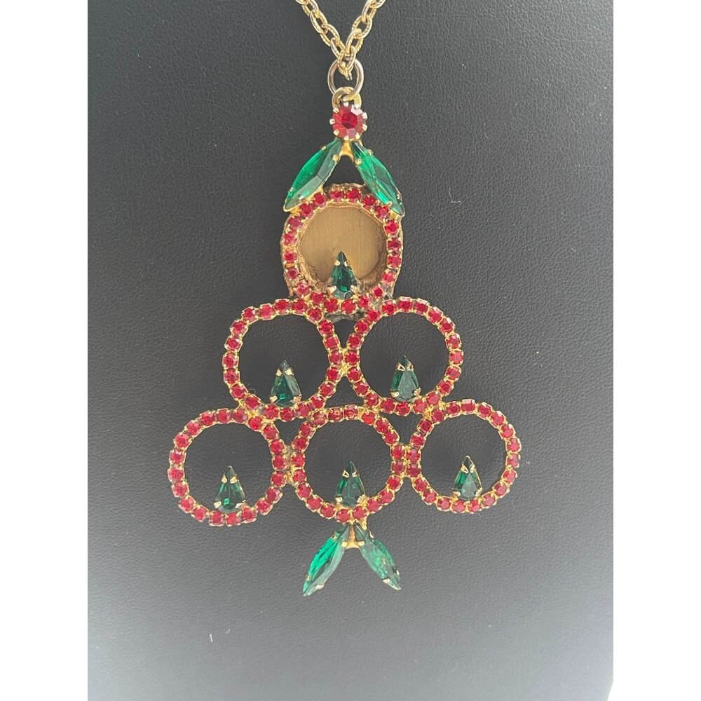 Vintage Rhinestone Christmas Tree Pendant Necklace With Gold-Tone Chain & Red/Gr